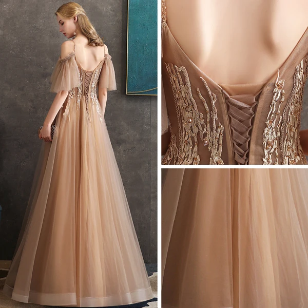 Chic / Belle Doré Robe De Soirée 2020 Princesse Perlage Bretelles Spaghetti Manches Courtes Appliques En Dentelle Longue Volants Dos Nu Robe De Ceremonie