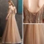 Chic / Belle Doré Robe De Soirée 2020 Princesse Perlage Bretelles Spaghetti Manches Courtes Appliques En Dentelle Longue Volants Dos Nu Robe De Ceremonie