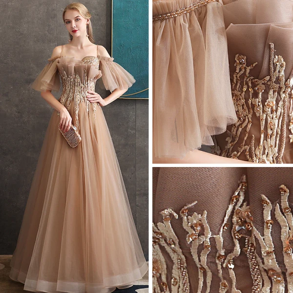 Chic / Belle Doré Robe De Soirée 2020 Princesse Perlage Bretelles Spaghetti Manches Courtes Appliques En Dentelle Longue Volants Dos Nu Robe De Ceremonie