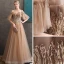 Chic / Belle Doré Robe De Soirée 2020 Princesse Perlage Bretelles Spaghetti Manches Courtes Appliques En Dentelle Longue Volants Dos Nu Robe De Ceremonie