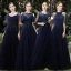 Affordable Navy Blue Bridesmaid Dresses 2020 A-Line / Princess Appliques Lace Sequins Floor-Length / Long Ruffle Wedding Party Dresses