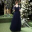 Affordable Navy Blue Bridesmaid Dresses 2020 A-Line / Princess Appliques Lace Sequins Floor-Length / Long Ruffle Wedding Party Dresses