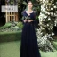 Affordable Navy Blue Bridesmaid Dresses 2020 A-Line / Princess Appliques Lace Sequins Floor-Length / Long Ruffle Wedding Party Dresses
