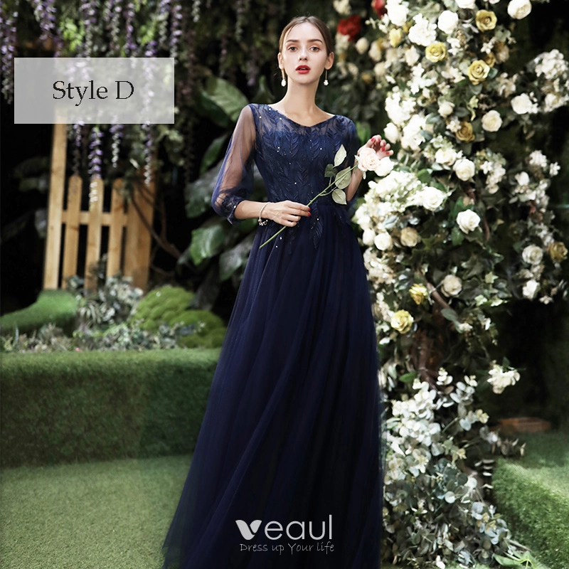 affordable navy blue bridesmaid dresses A Line Off Shoulder Navy Blue Long Prom Dresses, Navy Blue Bridesmaid –  abcprom main image 0