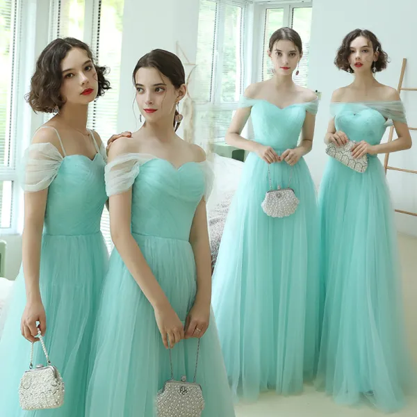 Affordable Mint Green Bridesmaid Dresses 2020 A-Line / Princess Off-The-Shoulder Short Sleeve Floor-Length / Long Ruffle Backless Wedding Party Dresses