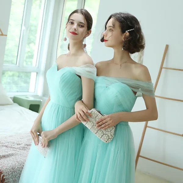Affordable Mint Green Bridesmaid Dresses 2020 A-Line / Princess Off-The-Shoulder Short Sleeve Floor-Length / Long Ruffle Backless Wedding Party Dresses