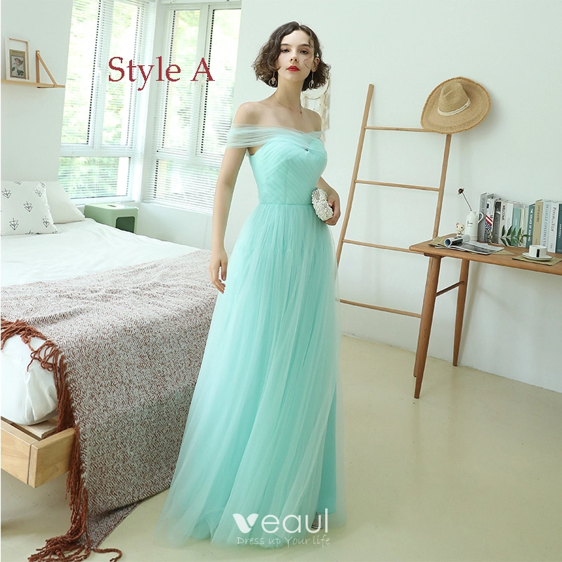 mint green off the shoulder bridesmaid dress Mint Green Bridesmaids Dresses Off The Shoulder Floor Length Stretch Satin Bridesmaid Dress With Pockets main image 0