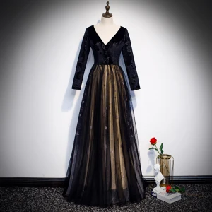 Chic Beautiful Black Suede Evening Dresses 2020 A Line Princess V Neck Long Sleeve Embroidered Flower Star Rhinestone Floor Length Long Formal Dresses