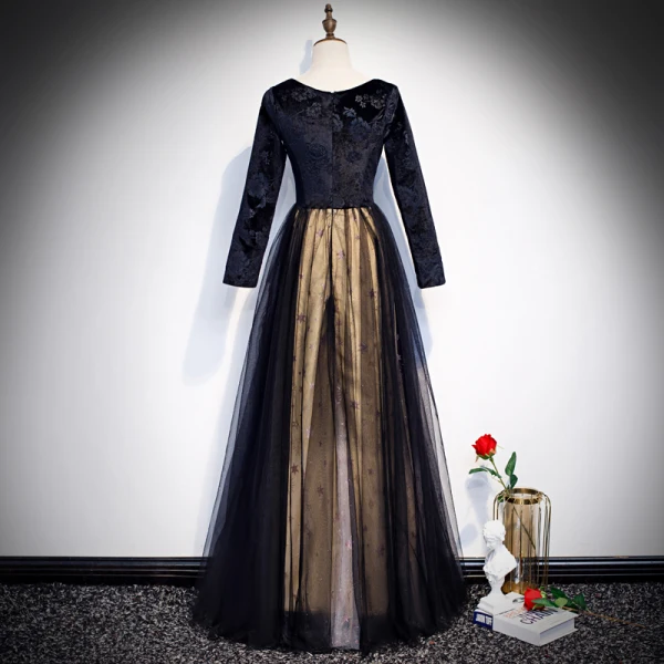 Chic / Beautiful Black Suede Evening Dresses 2020 A-Line / Princess V-Neck Long Sleeve Embroidered Flower Star Rhinestone Floor-Length / Long Formal Dresses