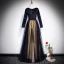 Chic / Beautiful Black Suede Evening Dresses  2020 A-Line / Princess V-Neck Long Sleeve Embroidered Flower Star Rhinestone Floor-Length / Long Formal Dresses