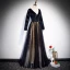 Chic / Beautiful Black Suede Evening Dresses  2020 A-Line / Princess V-Neck Long Sleeve Embroidered Flower Star Rhinestone Floor-Length / Long Formal Dresses