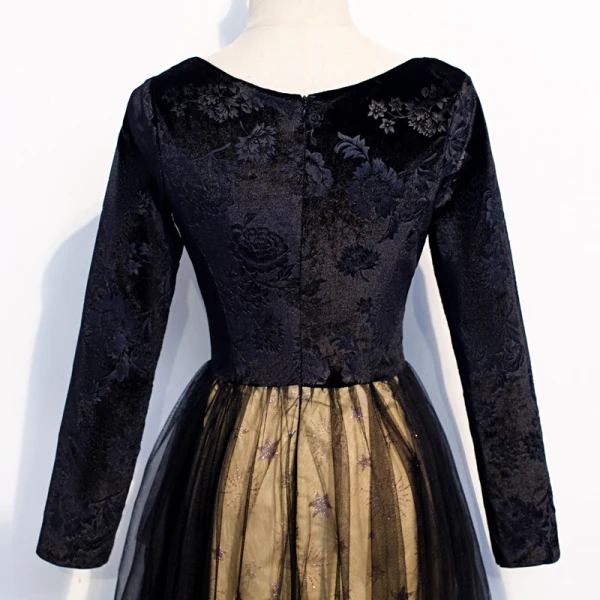 Chic / Beautiful Black Suede Evening Dresses 2020 A-Line / Princess V-Neck Long Sleeve Embroidered Flower Star Rhinestone Floor-Length / Long Formal Dresses