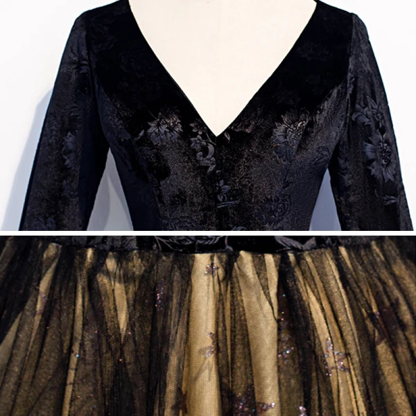 Chic / Beautiful Black Suede Evening Dresses 2020 A-Line / Princess V-Neck Long Sleeve Embroidered Flower Star Rhinestone Floor-Length / Long Formal Dresses