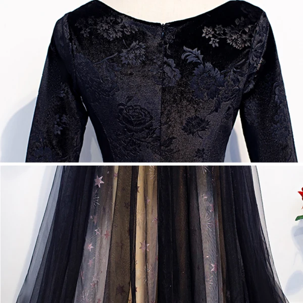 Chic / Beautiful Black Suede Evening Dresses 2020 A-Line / Princess V-Neck Long Sleeve Embroidered Flower Star Rhinestone Floor-Length / Long Formal Dresses