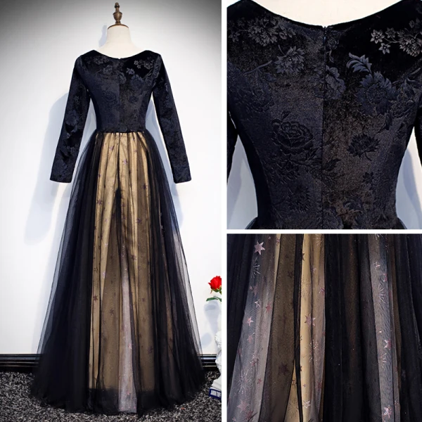 Chic / Beautiful Black Suede Evening Dresses 2020 A-Line / Princess V-Neck Long Sleeve Embroidered Flower Star Rhinestone Floor-Length / Long Formal Dresses