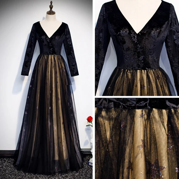 Chic / Beautiful Black Suede Evening Dresses 2020 A-Line / Princess V-Neck Long Sleeve Embroidered Flower Star Rhinestone Floor-Length / Long Formal Dresses