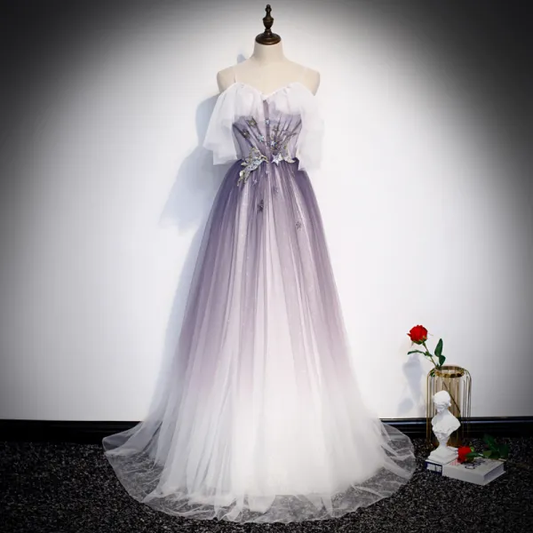 Elegant Purple Gradient-Color Evening Dresses  2020 A-Line / Princess Spaghetti Straps Short Sleeve Glitter Appliques Flower Floor-Length / Long Ruffle Backless Bow