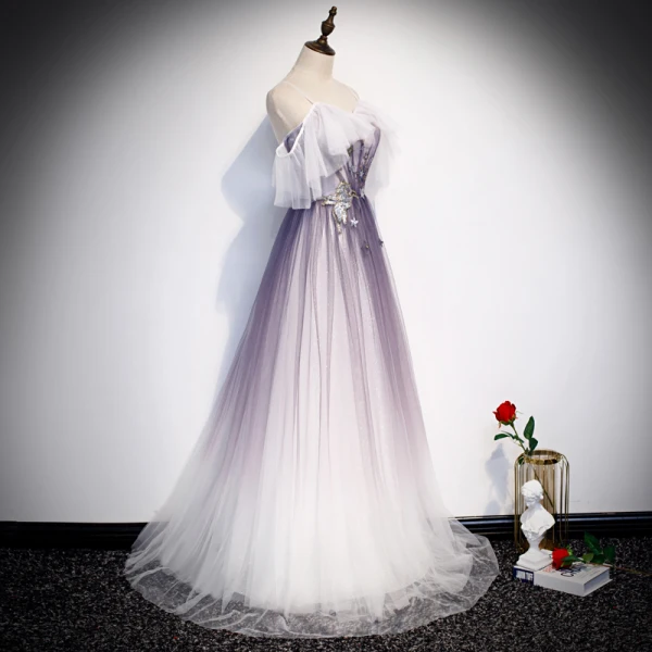 Élégant Violet Dégradé De Couleur Robe De Soirée 2020 Princesse Bretelles Spaghetti Manches Courtes Glitter Appliques Fleur Longue Volants Dos Nu Noeud