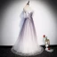 Élégant Violet Dégradé De Couleur Robe De Soirée 2020 Princesse Bretelles Spaghetti Manches Courtes Glitter Appliques Fleur Longue Volants Dos Nu Noeud