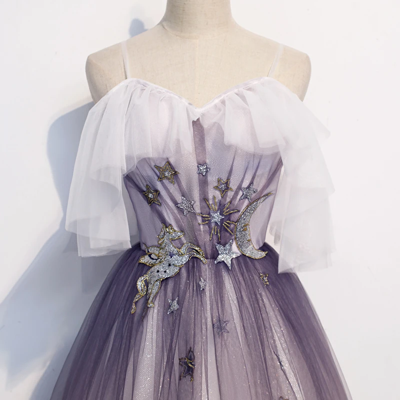Elegant Purple Gradient-Color Evening Dresses 2020 A-Line Princess Spaghetti Straps Bow Elegant Purple Gradient-Color Evening Dresses 2020 A-Line Princess Spaghetti Straps Bow
