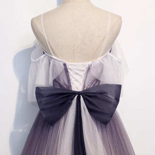 Élégant Violet Dégradé De Couleur Robe De Soirée 2020 Princesse Bretelles Spaghetti Manches Courtes Glitter Appliques Fleur Longue Volants Dos Nu Noeud