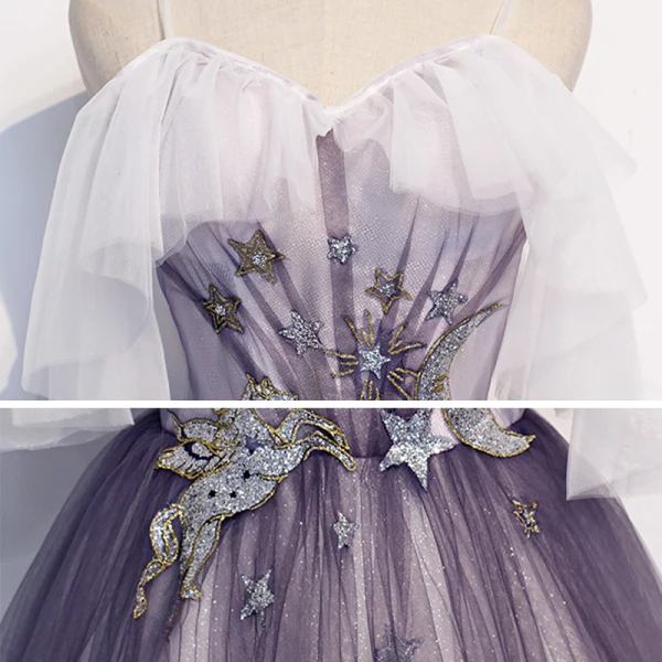 Élégant Violet Dégradé De Couleur Robe De Soirée 2020 Princesse Bretelles Spaghetti Manches Courtes Glitter Appliques Fleur Longue Volants Dos Nu Noeud