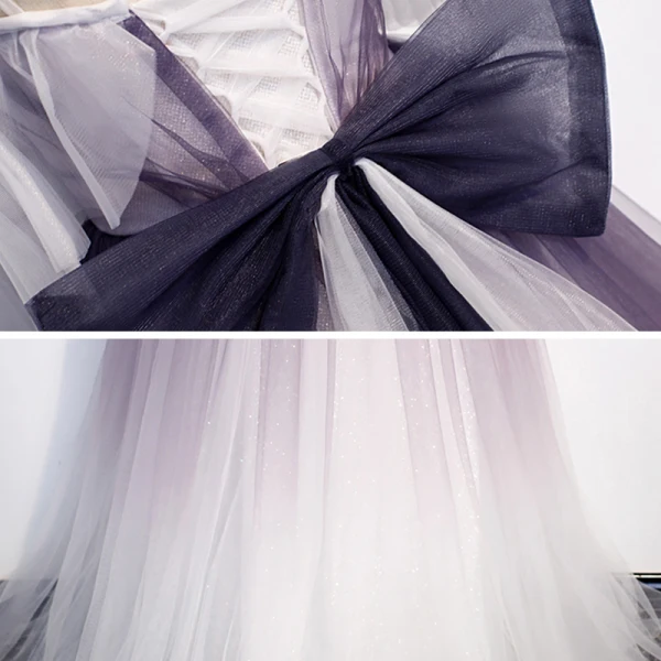 Élégant Violet Dégradé De Couleur Robe De Soirée 2020 Princesse Bretelles Spaghetti Manches Courtes Glitter Appliques Fleur Longue Volants Dos Nu Noeud