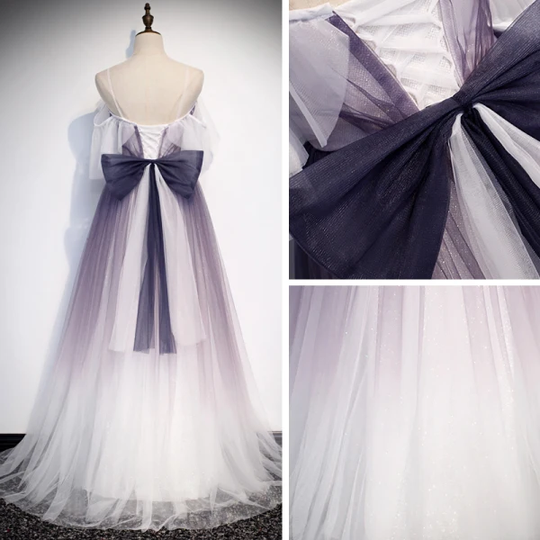 Élégant Violet Dégradé De Couleur Robe De Soirée 2020 Princesse Bretelles Spaghetti Manches Courtes Glitter Appliques Fleur Longue Volants Dos Nu Noeud