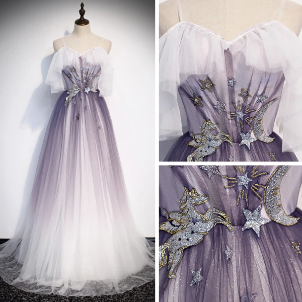 Élégant Violet Dégradé De Couleur Robe De Soirée 2020 Princesse Bretelles Spaghetti Manches Courtes Glitter Appliques Fleur Longue Volants Dos Nu Noeud