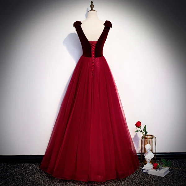 Chic / Beautiful Suede Burgundy Evening Dresses 2020 A-Line / Princess See-through Deep V-Neck Sleeveless Beading Floor-Length / Long Backless Formal Dresses