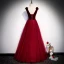 Chic / Beautiful Suede Burgundy Evening Dresses  2020 A-Line / Princess See-through Deep V-Neck Sleeveless Beading Floor-Length / Long Backless Formal Dresses