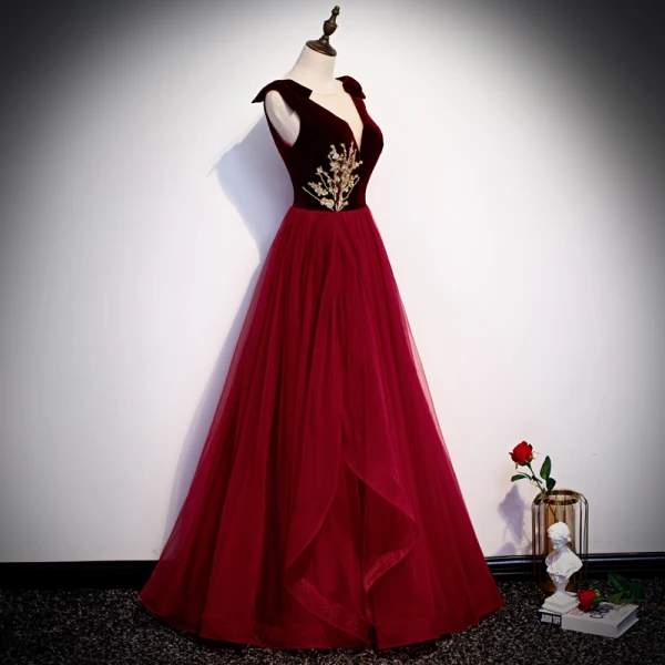 Chic / Beautiful Suede Burgundy Evening Dresses 2020 A-Line / Princess See-through Deep V-Neck Sleeveless Beading Floor-Length / Long Backless Formal Dresses