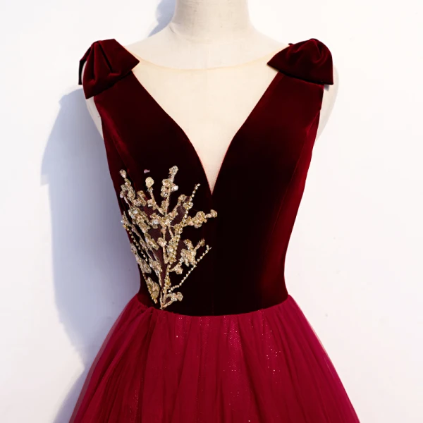 Chic / Beautiful Suede Burgundy Evening Dresses 2020 A-Line / Princess See-through Deep V-Neck Sleeveless Beading Floor-Length / Long Backless Formal Dresses