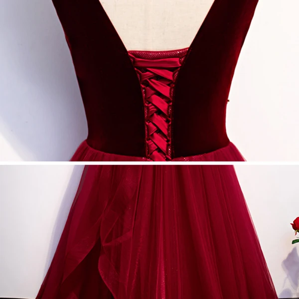 Chic / Beautiful Suede Burgundy Evening Dresses 2020 A-Line / Princess See-through Deep V-Neck Sleeveless Beading Floor-Length / Long Backless Formal Dresses