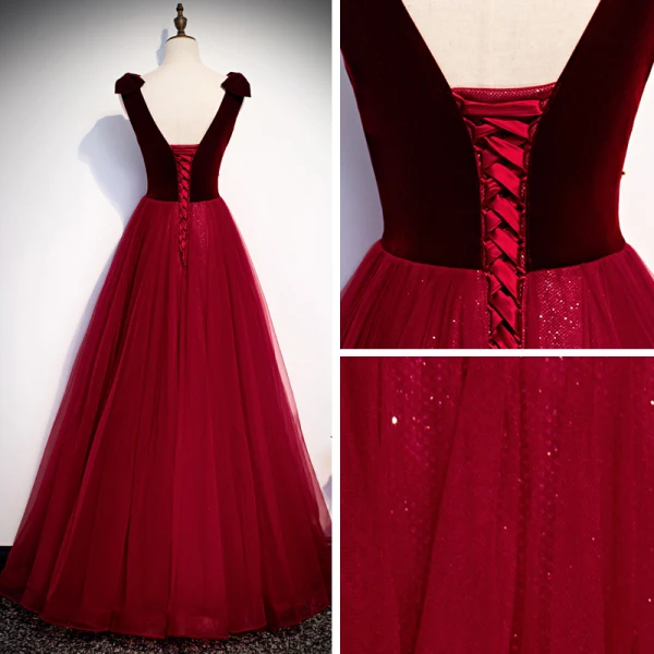 Chic / Beautiful Suede Burgundy Evening Dresses 2020 A-Line / Princess See-through Deep V-Neck Sleeveless Beading Floor-Length / Long Backless Formal Dresses
