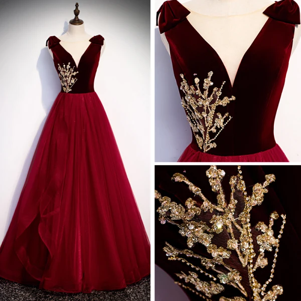 Chic / Beautiful Suede Burgundy Evening Dresses 2020 A-Line / Princess See-through Deep V-Neck Sleeveless Beading Floor-Length / Long Backless Formal Dresses