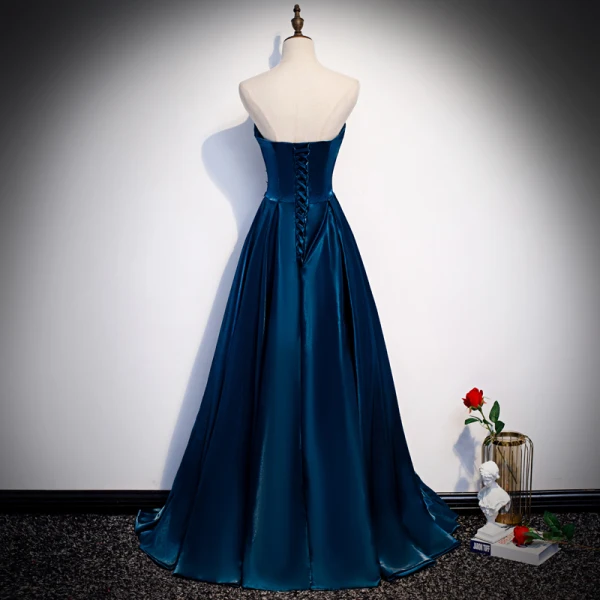 Chic / Beautiful Ink Blue Satin Evening Dresses 2020 A-Line / Princess Strapless Sleeveless Appliques Lace Beading Floor-Length / Long Ruffle Backless Formal Dresses