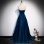 Chic / Beautiful Ink Blue Satin Evening Dresses  2020 A-Line / Princess Strapless Sleeveless Appliques Lace Beading Floor-Length / Long Ruffle Backless Formal Dresses