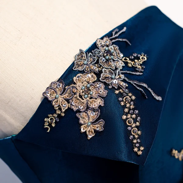 Chic / Beautiful Ink Blue Satin Evening Dresses 2020 A-Line / Princess Strapless Sleeveless Appliques Lace Beading Floor-Length / Long Ruffle Backless Formal Dresses