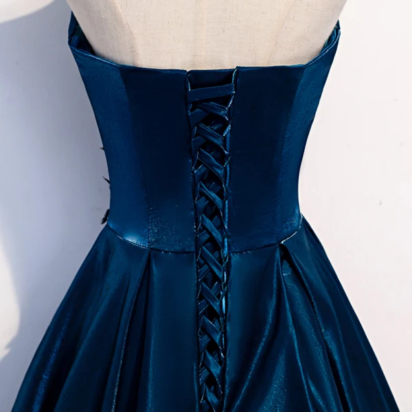 Chic / Beautiful Ink Blue Satin Evening Dresses 2020 A-Line / Princess Strapless Sleeveless Appliques Lace Beading Floor-Length / Long Ruffle Backless Formal Dresses