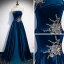 Chic / Beautiful Ink Blue Satin Evening Dresses  2020 A-Line / Princess Strapless Sleeveless Appliques Lace Beading Floor-Length / Long Ruffle Backless Formal Dresses