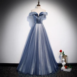 Meilleur Bleu Roi Robe De Soirée 2020 Princesse De L 039 Épaule Manches Courtes Perlage Glitter Tulle Longue Volants Dos Nu Robe De Ceremonie