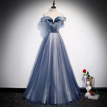 Bäst Kungsblå Aftonklänningar 2020 Prinsessa Av Axeln Korta Ärm Beading Glittriga Glitter Tyll Långa Ruffle Halterneck Formella Klänningar