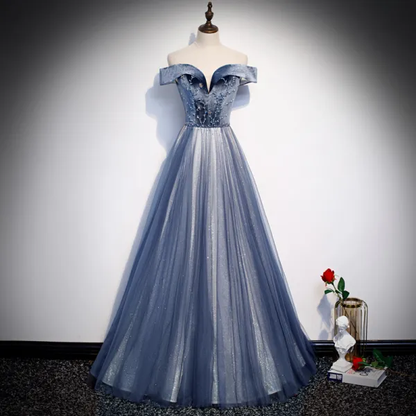 Best Royal Blue Evening Dresses  2020 A-Line / Princess Off-The-Shoulder Short Sleeve Beading Glitter Tulle Floor-Length / Long Ruffle Backless Formal Dresses