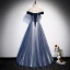 Best Royal Blue Evening Dresses  2020 A-Line / Princess Off-The-Shoulder Short Sleeve Beading Glitter Tulle Floor-Length / Long Ruffle Backless Formal Dresses