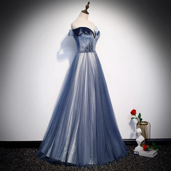 Best Royal Blue Evening Dresses 2020 A-Line / Princess Off-The-Shoulder Short Sleeve Beading Glitter Tulle Floor-Length / Long Ruffle Backless Formal Dresses