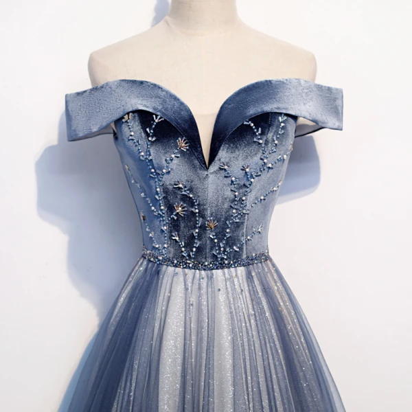 Best Royal Blue Evening Dresses 2020 A-Line / Princess Off-The-Shoulder Short Sleeve Beading Glitter Tulle Floor-Length / Long Ruffle Backless Formal Dresses
