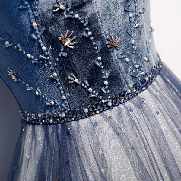 Best Royal Blue Evening Dresses 2020 A-Line / Princess Off-The-Shoulder Short Sleeve Beading Glitter Tulle Floor-Length / Long Ruffle Backless Formal Dresses