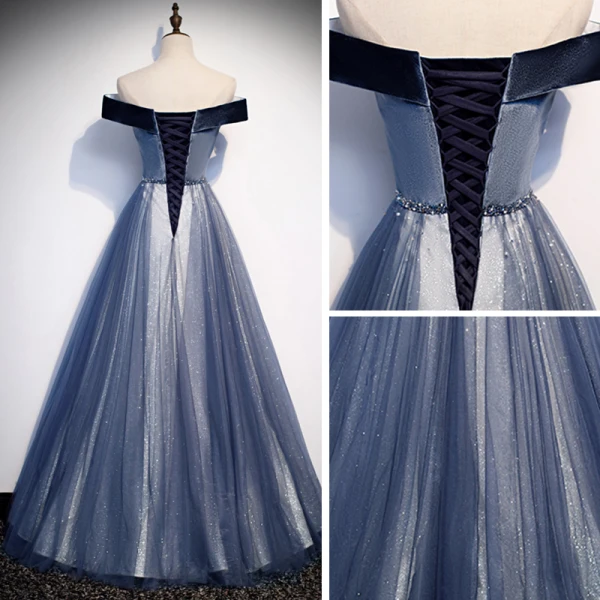 Best Royal Blue Evening Dresses 2020 A-Line / Princess Off-The-Shoulder Short Sleeve Beading Glitter Tulle Floor-Length / Long Ruffle Backless Formal Dresses