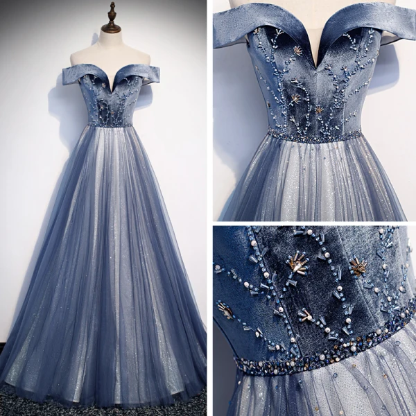 Best Royal Blue Evening Dresses 2020 A-Line / Princess Off-The-Shoulder Short Sleeve Beading Glitter Tulle Floor-Length / Long Ruffle Backless Formal Dresses